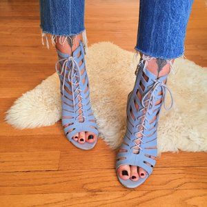 POUR LA VICTOIRE suede cage heels / size 8
